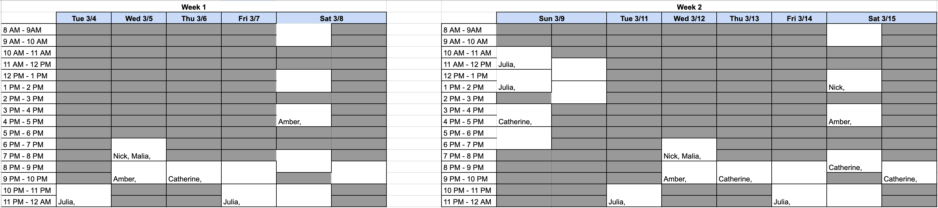 Example Schedule Generated Through Google Form Responses and Sheets Code